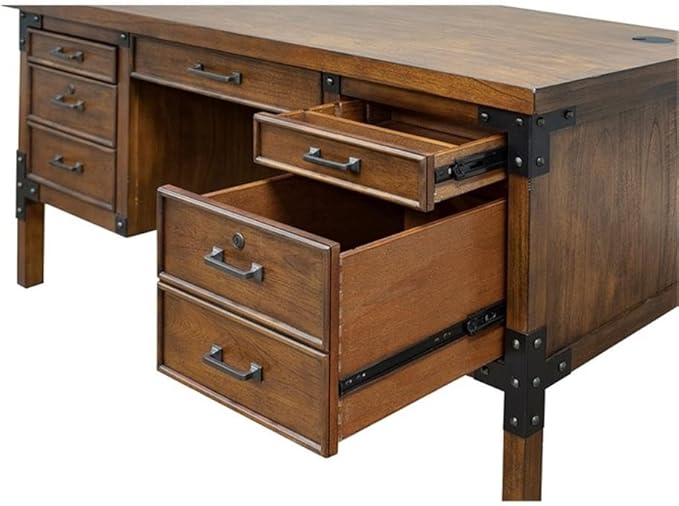 Pemberly Row Rustic Half Pedestal Wood Desk Writing Table Office Desk in Brown