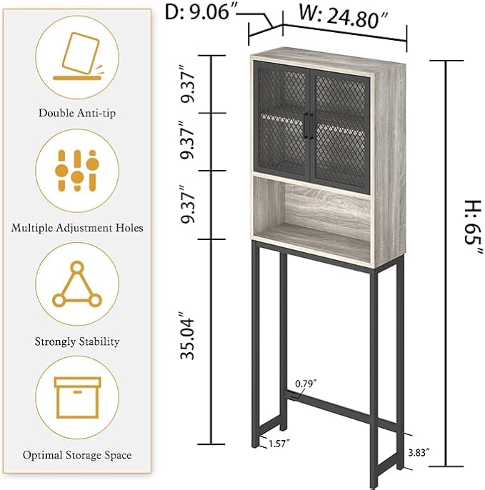 Launica Bathroom Space Saver, Over The Toilet Storage Cabinet, Metal and Wood Industrial Organizer Stand Above Toilet, Freestanding Rack Behind Toilet Wtih Shelf, Light Grey Oak
