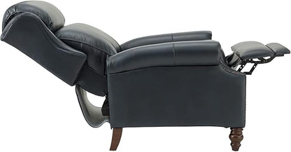 HULALA HOME Genuine Leather Recliner Chair, Traditional Manual Pushback Comfy Seating for Living Room, Thick Cushion & Solid Wood Legs, Wingback Recliner with Nailhead Trim, Navy