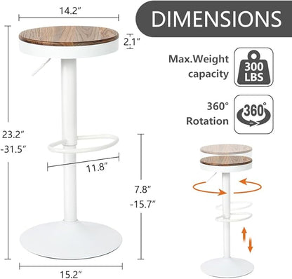 Kidol & Shellder Bar Stools Set of 2 Round Adjustable Swivel Barstools Modern Backless Bar Chairs Wooden Seat Counter Height Stools Armless for Kitchen Island, Cafe, Dining Room White
