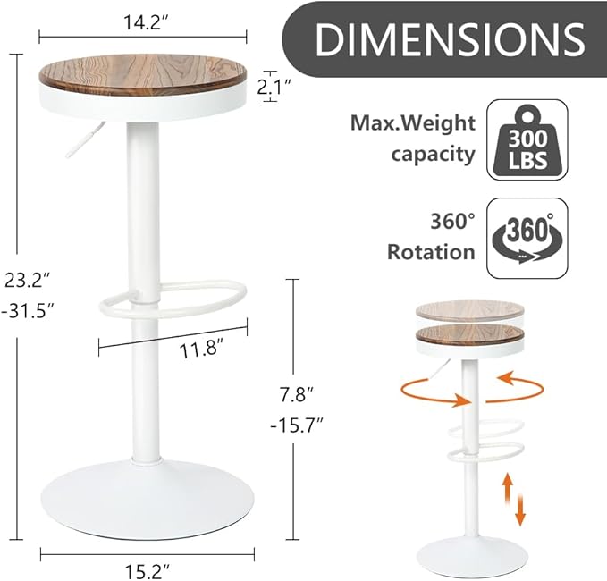 Kidol & Shellder Bar Stools Set of 2 White Round Adjustable Swivel Barstools Modern Backless Bar Chairs Wooden Seat Counter Height Stools Armless for Kitchen Island, Cafe, Dining Room