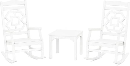 Martha Stewart by POLYWOOD Chinoiserie 3-Piece Outdoor Rocking Chair Set with Patio Side Table, White, HDPE All-Weather Furniture, Classic Porch Rockers for Deck, Garden & Backyard, Made in The USA