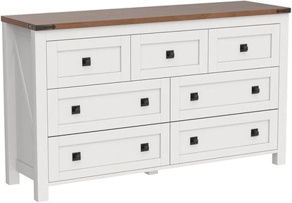 T4TREAM Farmhouse 7 Drawers Dresser Wood Rustic Tv Stand, Storage Organizer for Bedroom, Living Room,Hallway, Antique White