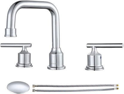 WOWOW Widespread Bathroom Faucet Chrome 8 inch Bathroom Sink Faucet Adjustable 3 Pieces Basin Faucets 360° Swivel Spout Modern Lavatory Faucet Vanity Faucets Water Supply Lines Quick Install Pipe
