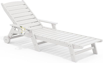 SERWALL Patio Chaise Lounge Chair, 78'' Long HDPE 5 Positions Adjustable Outdoor Lounger, Poly Lounge Chair with Rolling Wheels & Cup Holder for Pool, Light White