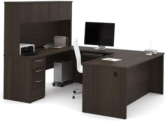 Pemberly Row 71" U Shaped Computer Desk with Hutch in Dark Chocolate