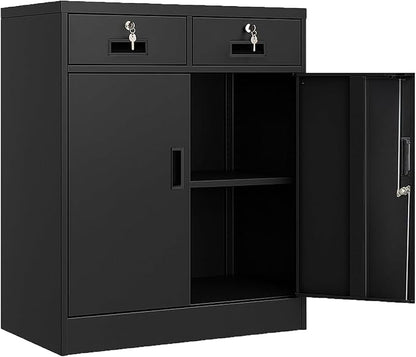 BESFUR Locking Cabinet with 2 Drawers and Lockable Doors, 36" H Black Metal Storage Cabinet with Adjustable Shelf for Home Office, Garage,School, Apartment, Warehouse
