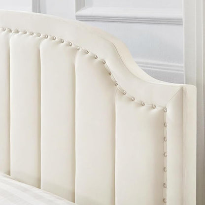24KF Velvet Fabric Upholstered King/California King Headboard with Nail Trims, Modern Vertical Channel Design with Curved King Headboard, 6052-K-Cream
