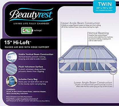 Beautyrest Hi-Loft Twin Size Air Mattress with Vertical Beam Construction, Edge Support, External Pump and Puncture Resistant Vinyl for Guests and Camping