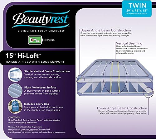 Beautyrest Hi-Loft Twin Size Air Mattress with Vertical Beam Construction, Edge Support, External Pump and Puncture Resistant Vinyl for Guests and Camping (Pack of 2)