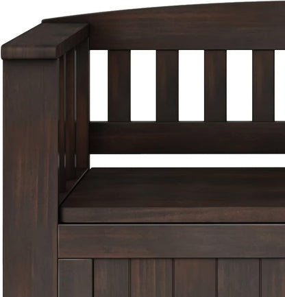 SIMPLIHOME Acadian Entryway Storage Bench - 36 inch Wide Solid Wood Small Hallway Seat in Brunette Brown, Transitional Bench for Mudroom with Lift-Up Lid, 2 Compartments and Slatted Backrest