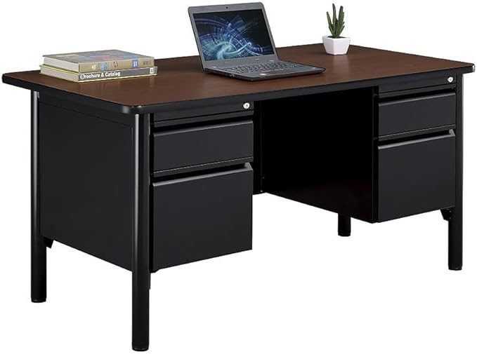 nbf signature series Stahl Double Pedestal Office Desk – Durable Cherry Laminate Computer Desk with 4 Lockable Drawers – Modern Executive Desk with File Cabinet – 60" W x 30" D Office Work Desk