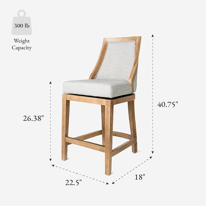 Maven Lane Vienna Counter Stools 26 Inches – Set of 2 – Swivel Stools with Footrests – Brown Solid Wood and Natural Fabric Upholstery – Ideal for Kitchen Islands and Counters
