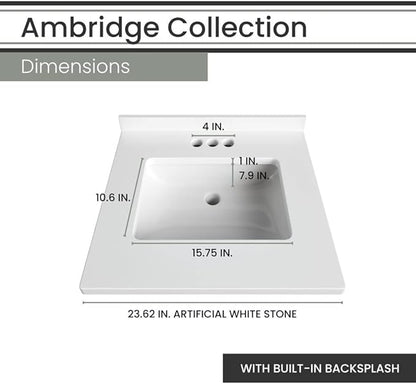 Hanover Ambridge 24'' Vanity Cabinet with Sink Combo for Bathroom, Powder Room, Pre-Assembled Cabinet, 2 Drawers, Accent Mirror, Artificial Stone Countertop, Gray Cabinet