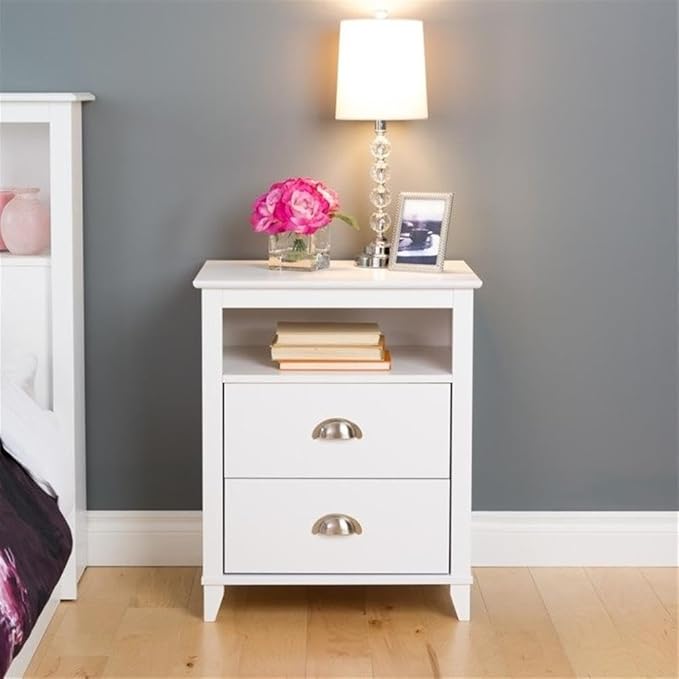 Prepac Yaletown Traditional 2-Drawer Tall Nightstand Side Table, Bedside Table with 2 Drawers and Open Shelf 16" D x 23" W x 28" H, White, WDNH-1202-1