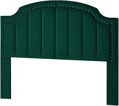 24KF Velvet Fabric Upholstered Queen/Full Headboard with Nail Trims,Modern Vertical Channel Design with Curved Headboard, 6052-Q-Jade