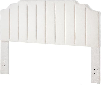 24KF White Teddy Fabric Tufted King Upholstered Headboard, Modern Vertical Channel Design California King Headboard with Stepped Silhouette Top Edge,6026-K-Teddy White