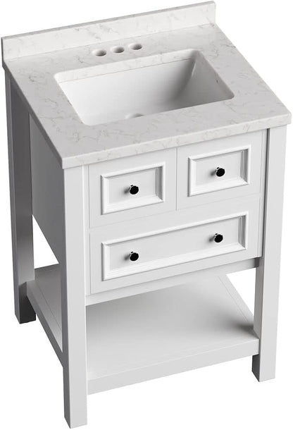 Hanover Tremont 24'' Vanity Cabinet with Sink Combo for Bathroom, Powder Room | Pre-Assembled Cabinet | 1 Drawer, Bottom Shelf | Artificial Stone Countertop | White Cabinet | HANVN0107-24-1WH
