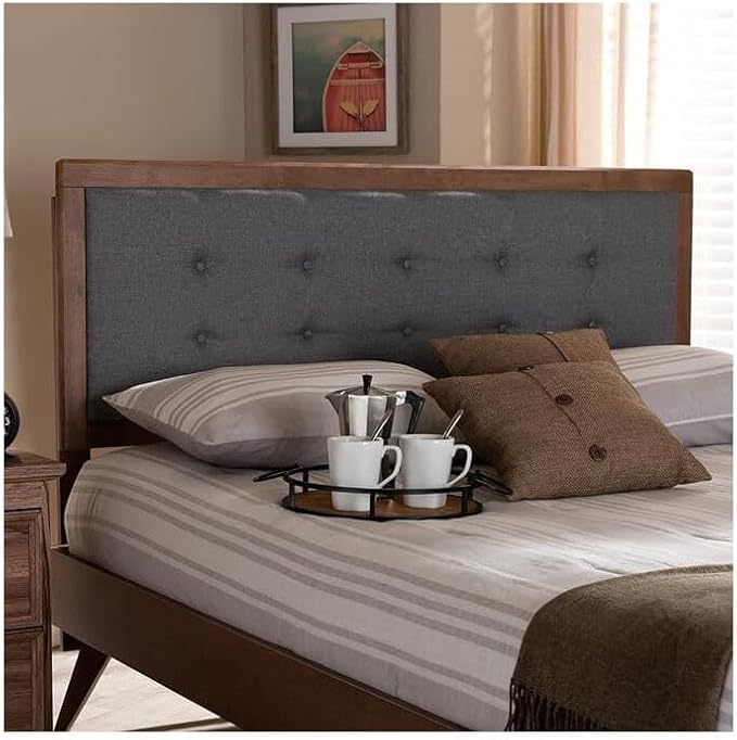 Mid-Century Marvel Fabric Upholstered Walnut Brown Finished Wood Headboard, Wall Mount Headboard King/Dark Gray
