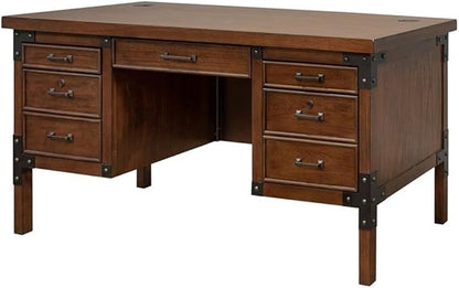 Pemberly Row Rustic Half Pedestal Wood Desk Writing Table Office Desk in Brown