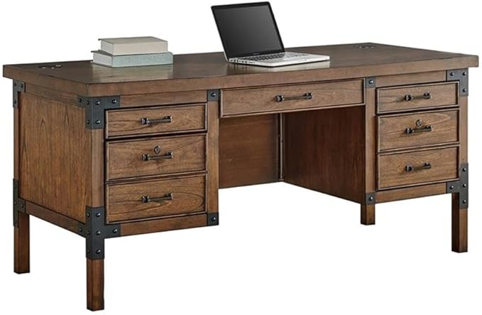Pemberly Row Rustic Half Pedestal Wood Desk Writing Table Office Desk in Brown