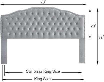 24KF Upholstered Button Tufted King Size Headboard with Nailhead Trim, Soft Velvet Fabric Headboard King/Cal King Size, Gray