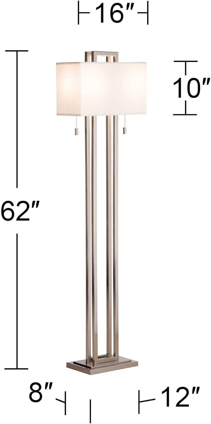 Possini Euro Design Modern Standing Floor Lamp Double Tier 62" Tall Brushed Nickel Silver Openwork Rectangular Off White Fabric Shade Decor for Living Room Reading House Bedroom Home