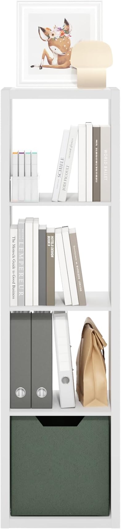Furinno Cubicle Book Shelf, 4-Cube Vertical Thick Frame Bookshelf, Horizontally & Vertically Reversible Bookcase with Open Back, 14.6 x 15.9 x 58, for Living Room, Bedroom, Home Office, White