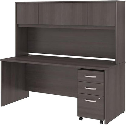 Pemberly Row Engineered Wood 72W Office Desk with Hutch and Drawers in Gray