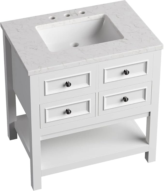 Hanover Roseville 31'' Vanity Cabinet with Sink Combo for Bathroom, Powder Room | Pre-Assembled Cabinet | 2 Drawers, Bottom Shelf | Artificial Stone Countertop | White Cabinet | HANVN0108-31-1WH
