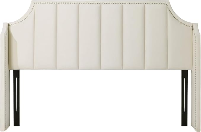 Lucky Monet Luxurious Headboard Only Queen Size with Wingback, Velvet Upholstered Tufted Headboard with Nailhead Decor for Bed, Adjustable Height Curved Head Board Vertical Channel Design (Cream)