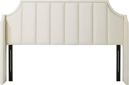 Lucky Monet Luxurious Headboard Only Queen Size with Wingback, Velvet Upholstered Tufted Headboard with Nailhead Decor for Bed, Adjustable Height Curved Head Board Vertical Channel Design (Cream)