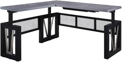NBF District Reversible L-Shaped Executive Office Desk with Height Adjustable - Durable Laminate Computer Desk with Modesty Panel - Modern Desk with 3 Grommet Holes - Office Work Desk (Black, Gray)