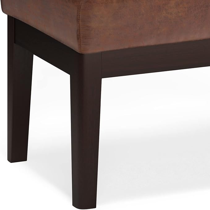 SIMPLIHOME Carlson 2-inch Wide Vegan Faux Leather Small Ottoman Bench in Distressed Black with Solid Wood Frame for Living Room, Entryway, or Bedroom