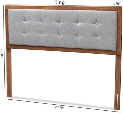 Mid-Century Marvel Fabric Upholstered Walnut Brown Finished Wood Headboard, Wall Mount Headboard King/Light Gray