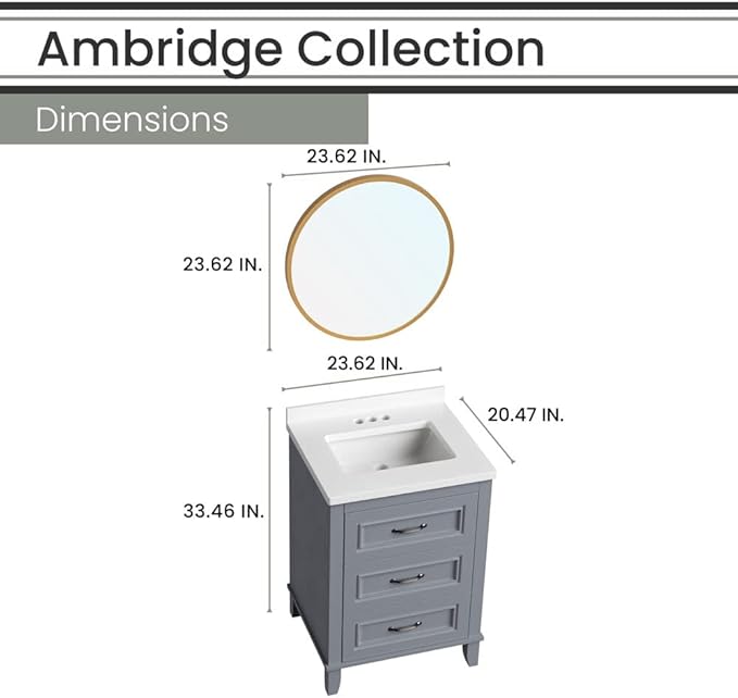 Hanover Ambridge 24'' Vanity Cabinet with Sink Combo for Bathroom, Powder Room, Pre-Assembled Cabinet, 2 Drawers, Accent Mirror, Artificial Stone Countertop, Gray Cabinet