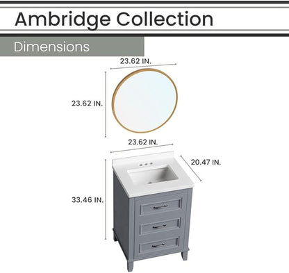 Hanover Ambridge 24'' Vanity Cabinet with Sink Combo for Bathroom, Powder Room, Pre-Assembled Cabinet, 2 Drawers, Accent Mirror, Artificial Stone Countertop, Gray Cabinet