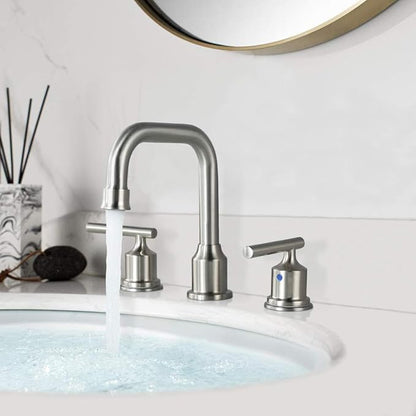 WOWOW 2 Handles 8 inch Widespread High Arc Bathroom Faucet Brushed Nickel Lavatory Faucet 3 Hole 360°Swivel Spout Modern Sink Basin Faucets