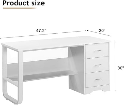 White Desk with 3 Drawers, 47 Inch Computer Desk with Drawers for Bedroom, Small Home Office Desk with File Cabinet, Bottom Shelves for Small Spaces