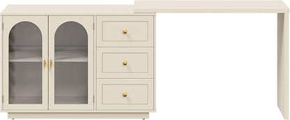 RoyalCraft L Shaped Home Office Desk, Large Extendable and Rotatable Desk with 3 Drawers and 2 Doors, Corner Computer Desk, Modern Study Writing Table for Bedroom, Home Office, Beige
