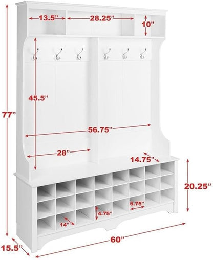 Prepac White Hall Tree, Shoe Cabinet, Storage Cabinet with 24 Shoe Cubbies and 6 Double Coat Hooks 15.5" D x 60" W x 77" H