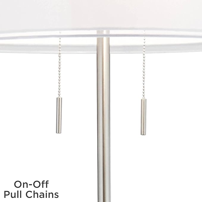 Possini Euro Design Roxie Modern Standing Floor Lamp 65.5" Tall Brushed Nickel Silver Double Layer Sheer Linen Fabric Drum Shade Decor for Living Room Reading House Bedroom Home