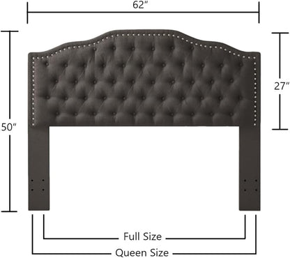 24KF Upholstered Button Tufted Queen Headboard with Nailhead Trim, Elegant Boucle Fabric Full headboard, 6031-Q-Boucle-Dark Green
