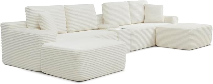 150" Oversized Modular Sectional Sofa,Deep Seat Cloud Corduroy Boneless Couch with Cup Holders,USB Ports, Wireless Charging & Storage Box,Upholstered Modular Sleeper Sofa for Living Room (Beige)