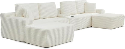 150" Oversized Modular Sectional Sofa,Deep Seat Cloud Corduroy Boneless Couch with Cup Holders,USB Ports, Wireless Charging & Storage Box,Upholstered Modular Sleeper Sofa for Living Room (Beige)