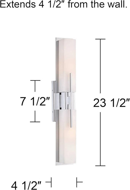Possini Euro Design Midtown Mid Century Modern Wall Mount Light Chrome Silver Metal 23 1/2" Wide 2-Light Vanity Fixture Rectangular White Glass Shades Decor for Bathroom Over Mirror House Home