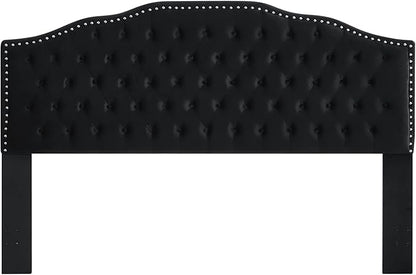 24KF Upholstered Button Tufted King Size Headboard with Nailhead Trim, Soft Velvet Fabric Headboard King/Cal King Size-Black