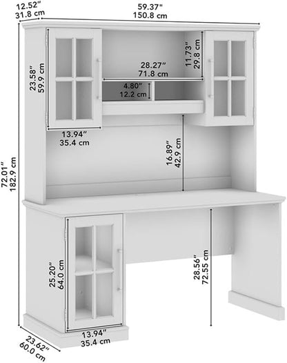 Bush Furniture Westbrook 60W Computer Desk with Hutch in White Ash | Farmhouse Desk for Home Office Workspace
