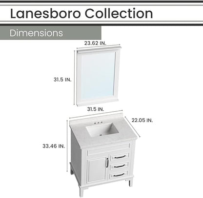 Hanover 31 Set Includes w, White Lanesboro 31'' Vanity Sink Combo for Bathroom, Powder Room | Pre-Assembled 1 Door, 3 Drawers | Accent Mirror | Artificial Stone Countertop, Cabinet, 31 inches