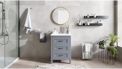 Hanover Ambridge 24'' Vanity Cabinet with Sink Combo for Bathroom, Powder Room, Pre-Assembled Cabinet, 2 Drawers, Accent Mirror, Artificial Stone Countertop, Gray Cabinet